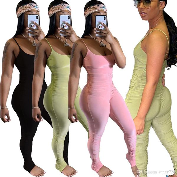 

2020 est styles solid ruched design skinny jumpsuits spaghetti neck sleeveless stretchy club sports home rompers backless summer