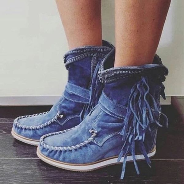 

dilalula ins retro tassel western cowboy boots women shoes for cowgirl boots low heels fringe casual winter, Black