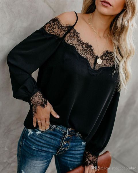 

кружева женщин конструктора с длинным рукавом tshirts sexy разрез шеи скольжения щитовые женщин тис вскользь суки одежды, White