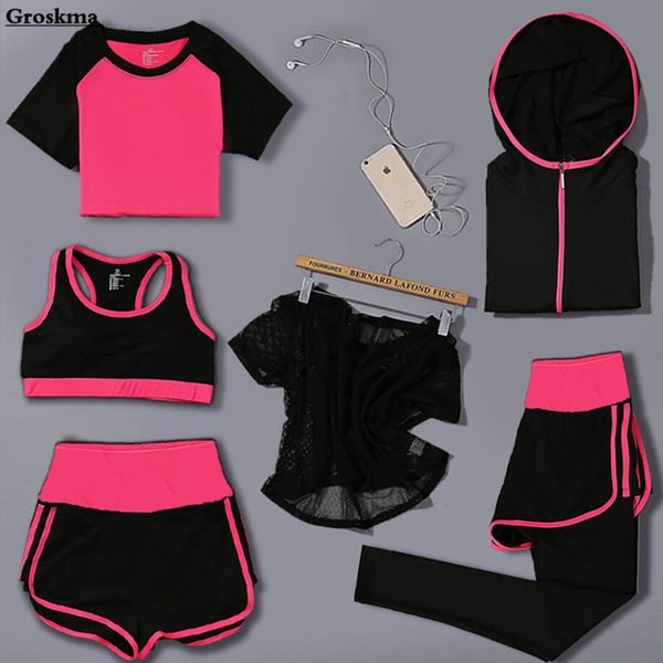 

сетка тенниска + сексуальный бюстгальтер + с капюшоном пальто + шорты + гетры женщин йога 6 штук набор быстро сухой работает спортивная одеж