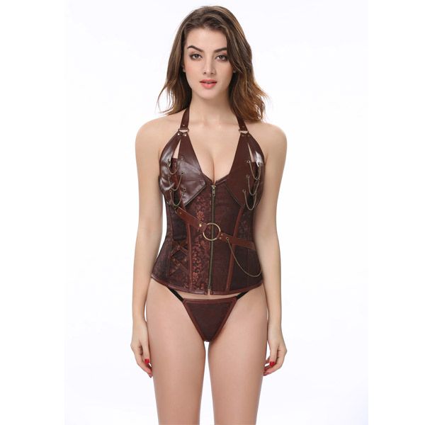 

fast shipping plus size steel bones halter faux leather steampunk gothic corset shapewear party wear slimming corsets clothing 0908, Black;white