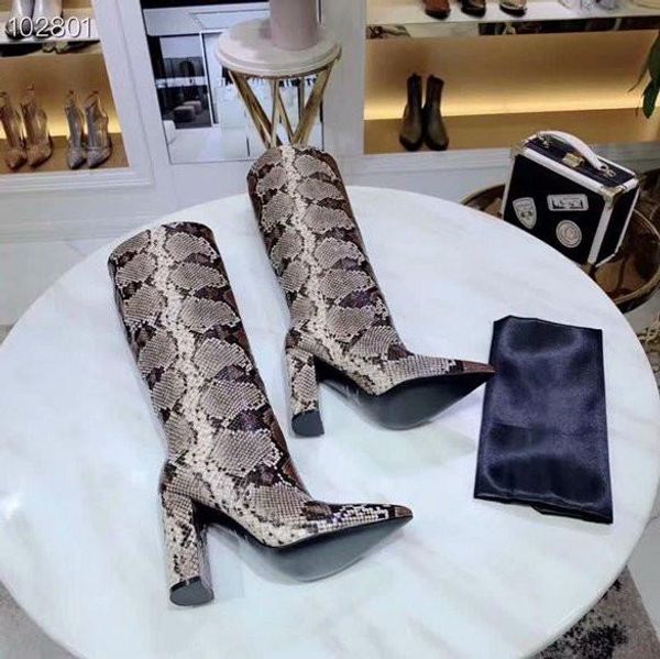 

designer personality snake pattern leather face fashion boots catwalk tip party high heel thick with women's shoes 35-40, Black