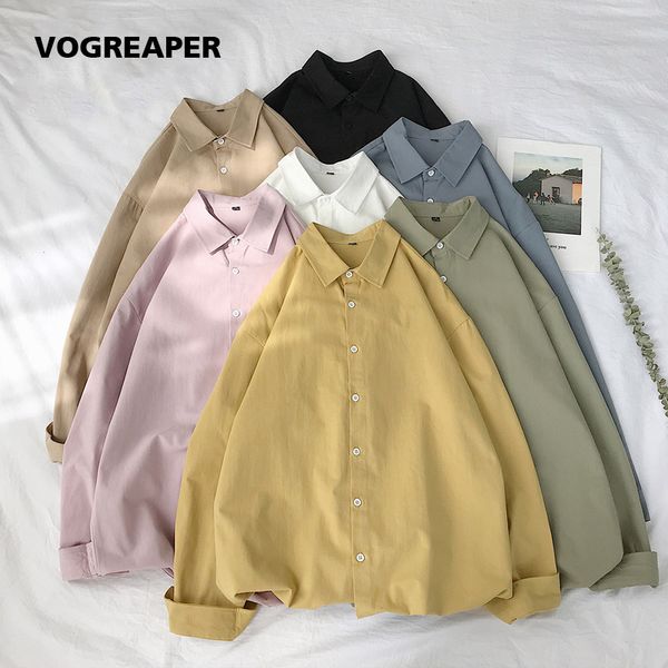 

autumn new korean fashion men's white shirt casual long sleeved shirts pink khaki black loose social button shirt 4xl 5xl, White;black