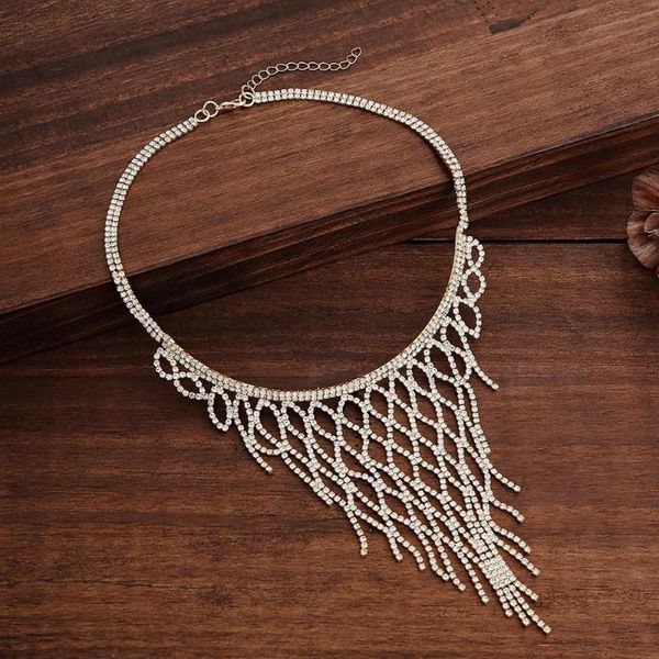 

elegant crystal rhinestone chains tassel bride necklace women collars necklaces pendants maxi wedding party necklace jewelry, Golden;silver