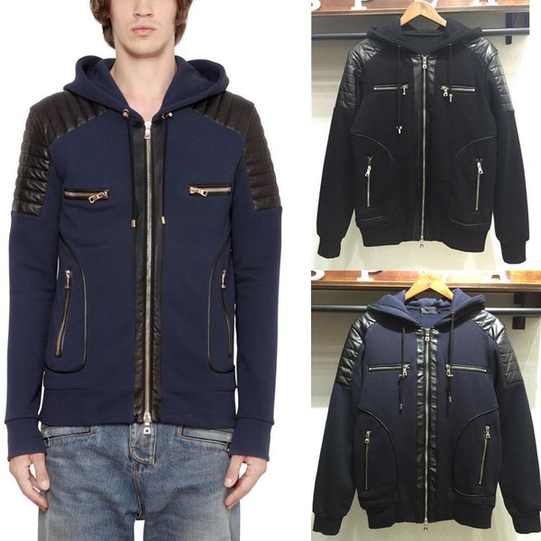 

Кожа Патч Байкер Хлопок Толстовка Мужчин 2019 Новый Полный Zip Через Капюшон Толстов