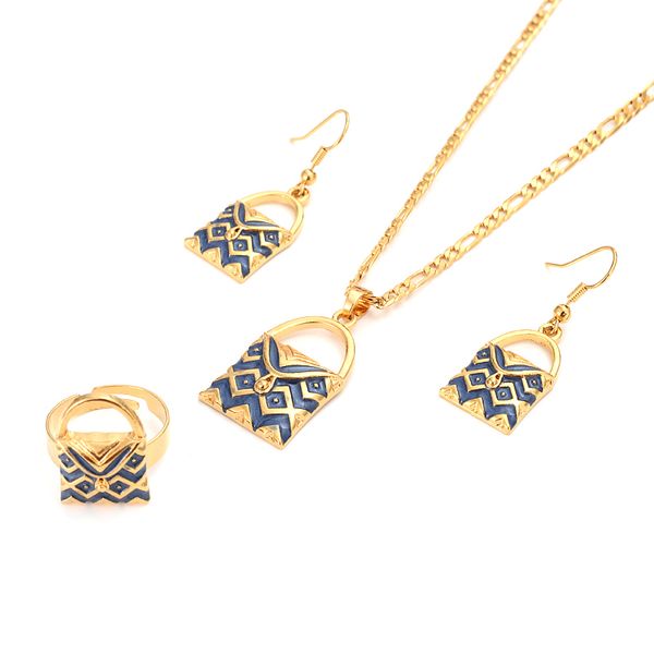 

handmade blum bag pendan necklaces earrings gold color png jewellery set papua new guinea wedding party women girls gifts, Slivery;golden