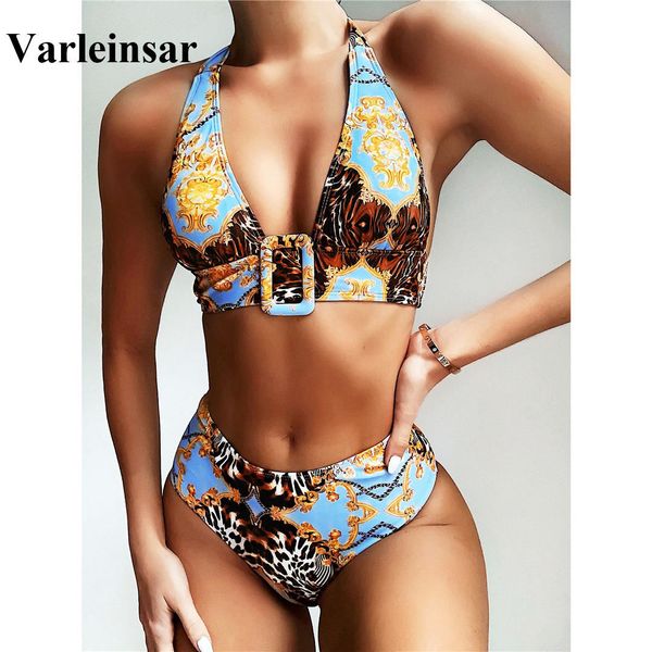 

leopard halter bikini high waist swimsuit 2020 women swimwear two-pieces bikini set with belt bather printed bathing suit v1927, White;black