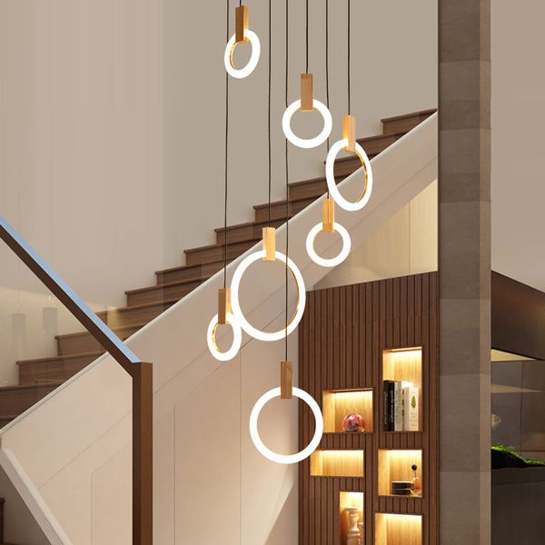 Lâmpadas pendentes contemporâneas led chandelier luzes nórdic dropos acrílicos escadas iluminação 3/5/6/7/10 anéis fixture interno