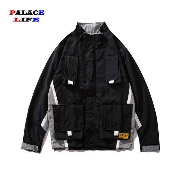 

harajuku hip hop japanese streetwear autumn men jackets coats windbreaks multi-pockets oversize stand-collar man's cargo jackets, Black;brown