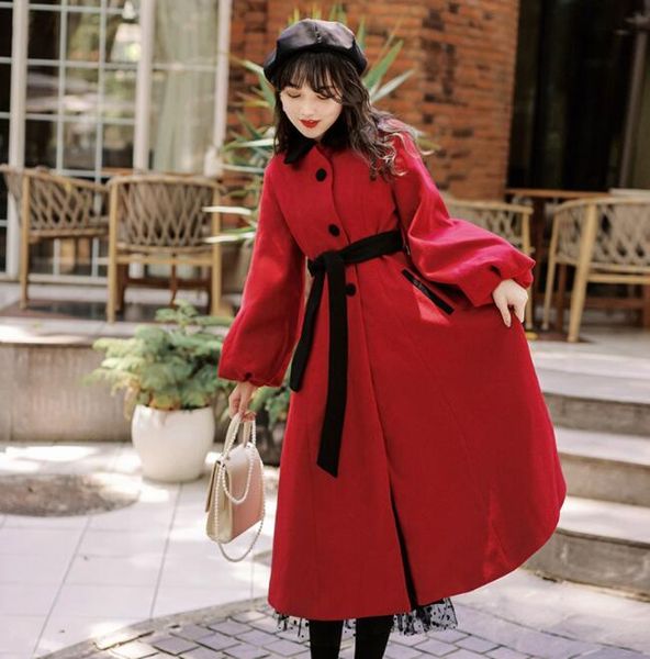 

vintage elegant long blend woolen coat 2019 winter women red thick overcoat jacket female slim fit coats, Black