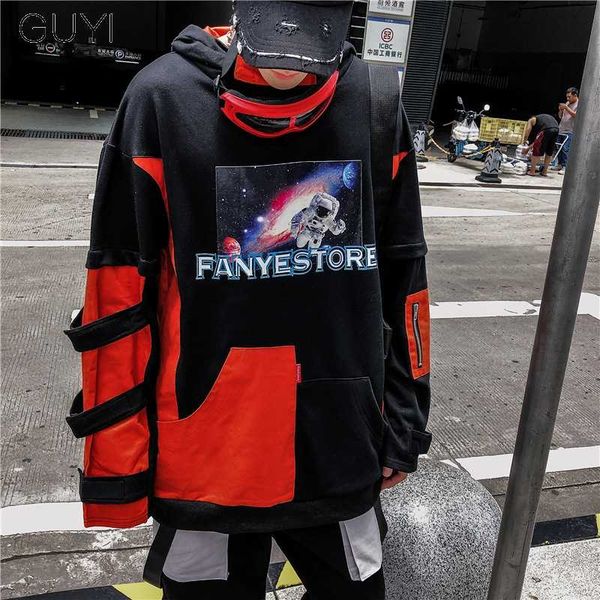 

с капюшоном заплатки ribbons хип-хоп для мужчин толстовки толстовки streetwear hoody мужской блоке хит цвет повседневный пуловер пары wear, Black