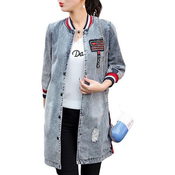 

yfashion fashionable female casual baseball uniform mid-long denim coat outerwear three-quarter sleeve jacket, Black;brown