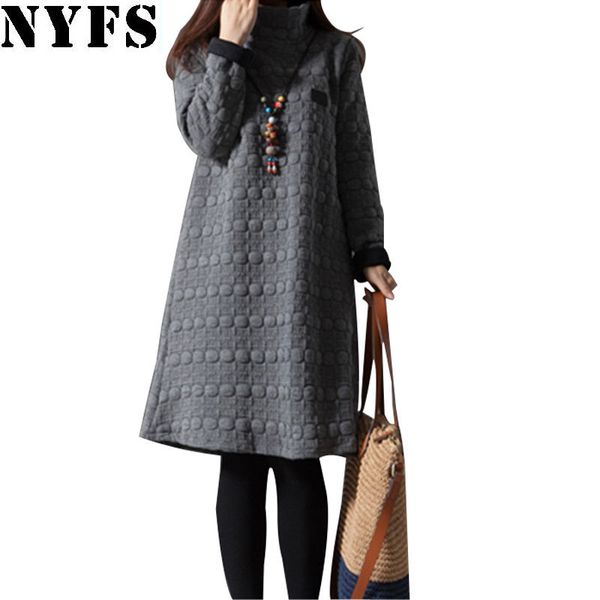 

nyfs 2020 new thick autumn winter dress women long sleeve vintage large size turtleneck maternity dress vestidos robe elbise, Black;gray