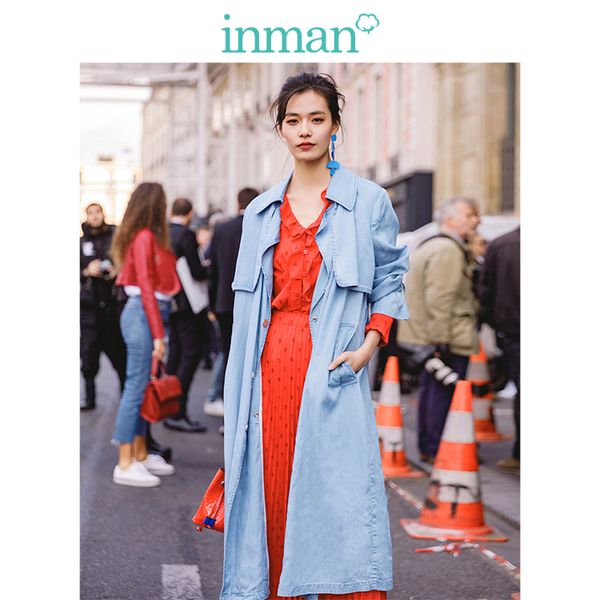 

inman 2019 new arrival turn down collar retro hongkong style fashion casual loose blue women long coat, Tan;black