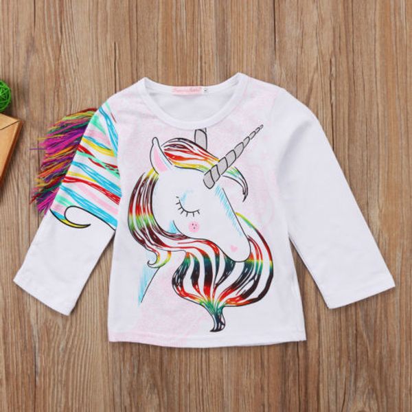 

girl unicorn t-shirt new arrival toddler kid girls cartoon unicorn tassels long sleeve tee cotton clothes 1-6t, Blue