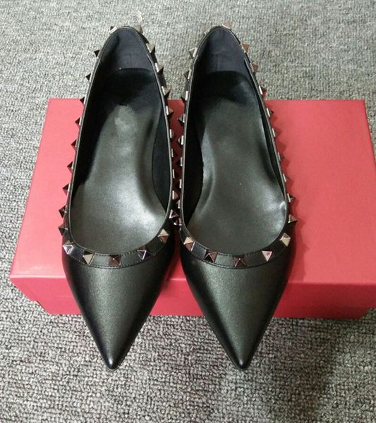 

sell women matte leather pointed toe rivet shoes loafers brand design rock studded valentine woman flats, Black