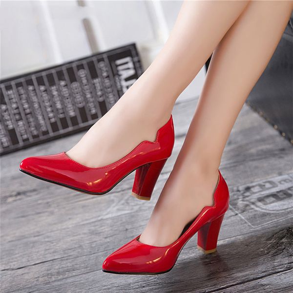 

women pumps black cutout patent leather pointed toe 7cm chunky block high heels casual party office wedding slip-on ladies shoes