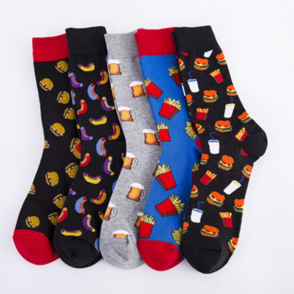 

colorful dog hamburg beer pattern novelty crew socks men's funny kawaii sokken creative casual cotton socks for male, Black