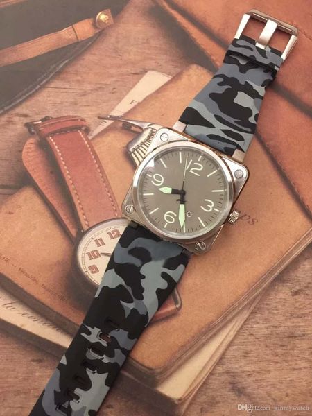 

automatic aviation commando grey dial bellross mechanical date 42mm mens watches black rubber strap stainless steel case wristwatches, Slivery;brown