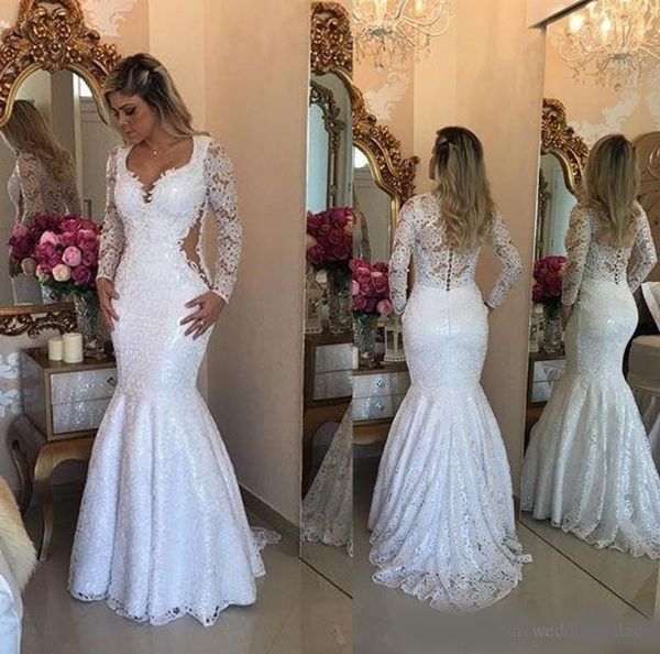 

lace long sleeve mermaid wedding dresses 2020 elegant arabic sweep train bridal vestidos plus size buttons back bridal wedding gowns, White
