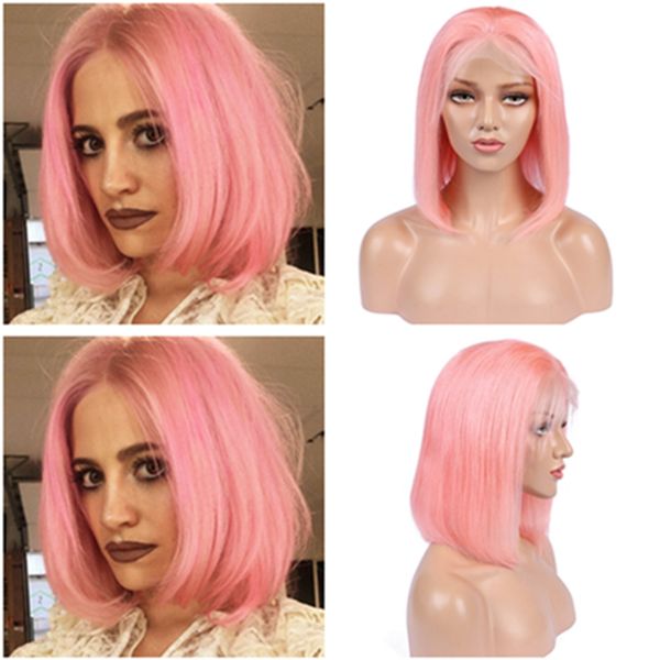 Peruvian Pink Colored Human Hair Full Lace Wigs Straight Short Bob
