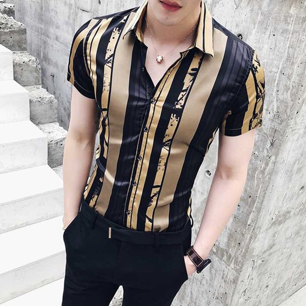 

men striped short sleeve shirt 2019 new men's fashion gilt short sleeve slim shirt stylist nightclub british, White;black