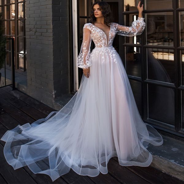 

long sleeve boho wedding dresses see through appliques a line bohemain wedding dress 2020 sweep train tulle country bridal, White