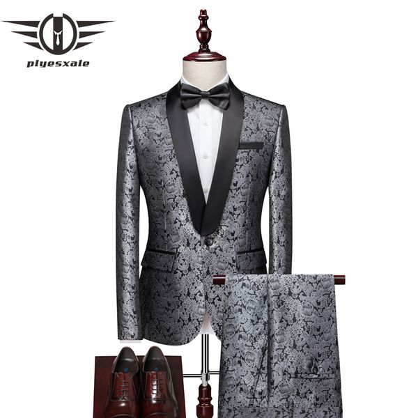 

plyesxale silver men suits with pants floral prom dress 2 piece set 6xl groom wedding suits for men tuxedo (jacket+pants) q1012, White;black