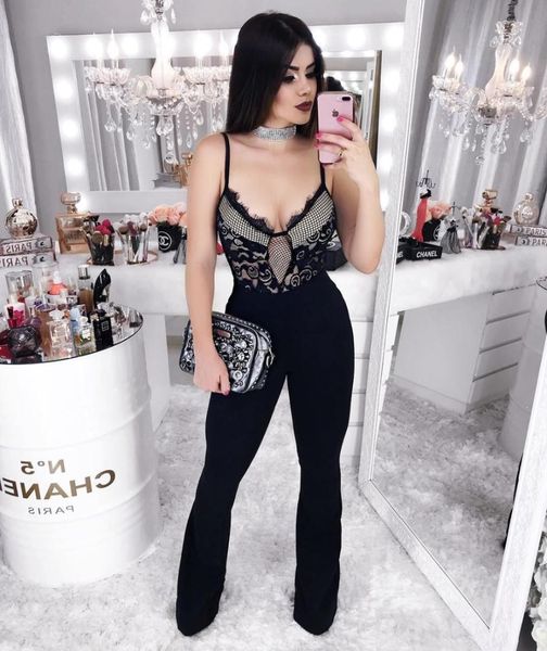 

elegant night club spaghetti strap deep v-neck backless lace new style fashion women celebrity body con jumsuits wholesale, Black;white