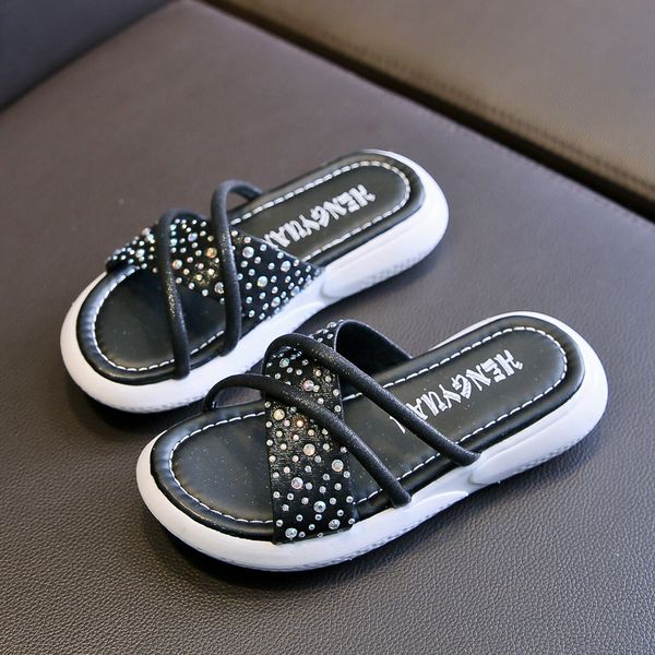 

womens slippers 2020 summer new korean water drill anti slip middle and big childrens beach shoes girls word san sandals, Black;red
