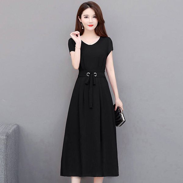 

women's dress ladies evening maxi retro vintage party waist belt casual holiday solid round neck short sleeves, Black;gray