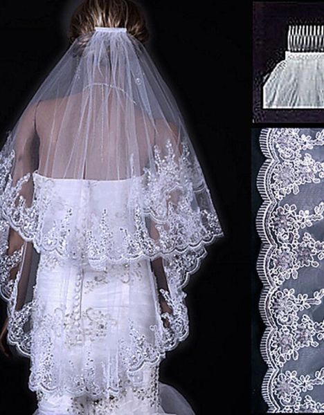 

fingertip veils with beaded lace appliques 2 tiers custom made short wedding veils white ivory, Black