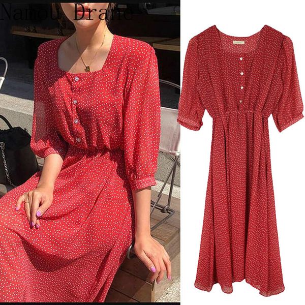 

red a line slim waist korean style design clothes half sleeve polka dot button shirt dresswomen summer dresses vintage, Black;gray