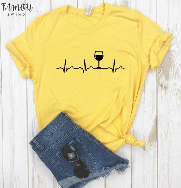 

wine heartbeat print t shirt women short sleeve o neck loose tshirt 2020 summer tee shirt camisetas mujer, White