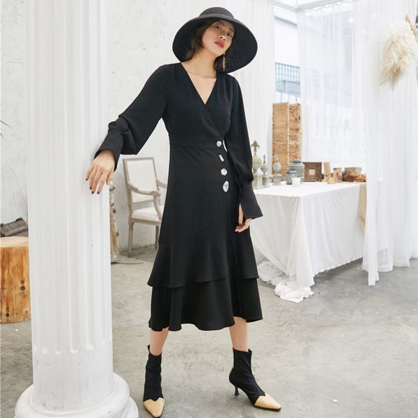 

lanmrem 2020 new spring and summer fashion women clothes irregular button design waist dress cardigan two way wearing wk01301l, Black;gray