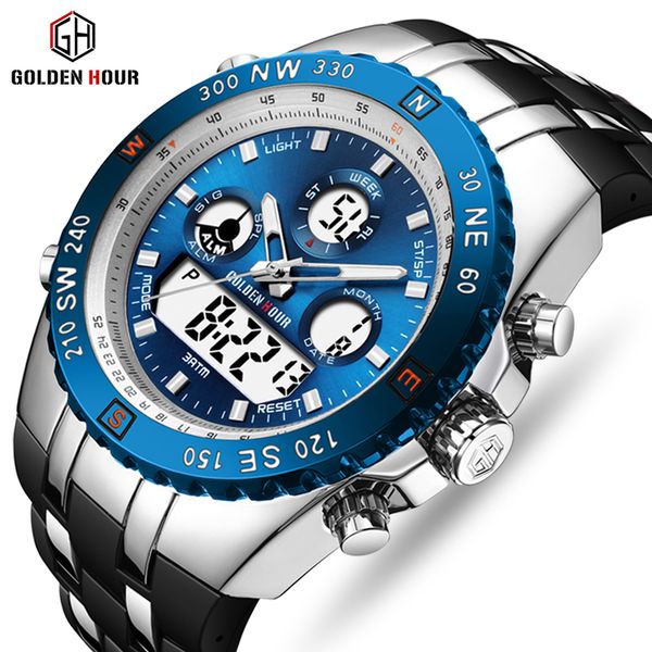 

reloj hombre goldenhour mens watch brand fashion sport watch men waterproof quartz wristwatch digital clock gh124, Slivery;brown
