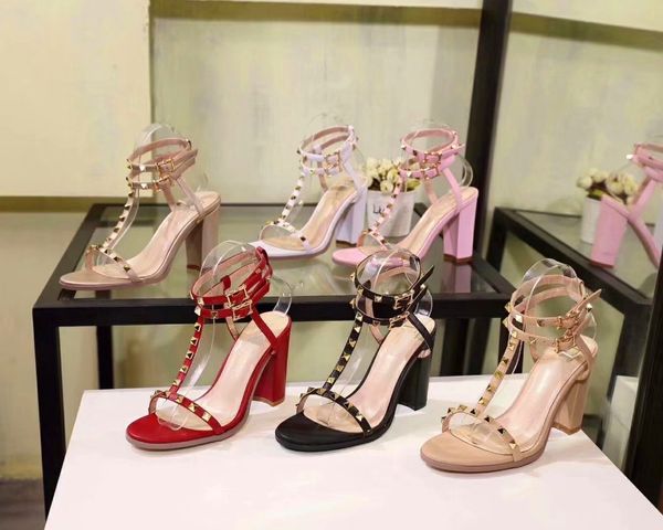 

новый двойной ремень толстые каблуки дизайнерская черный nude цвет конструктора сандалии дамы сексуальный кожаный заклепки матовый высокий к, Black