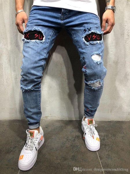 

mens designer washed hole jeans summer spring skinny embroidery letter blue pencil pants hiphop street jeans