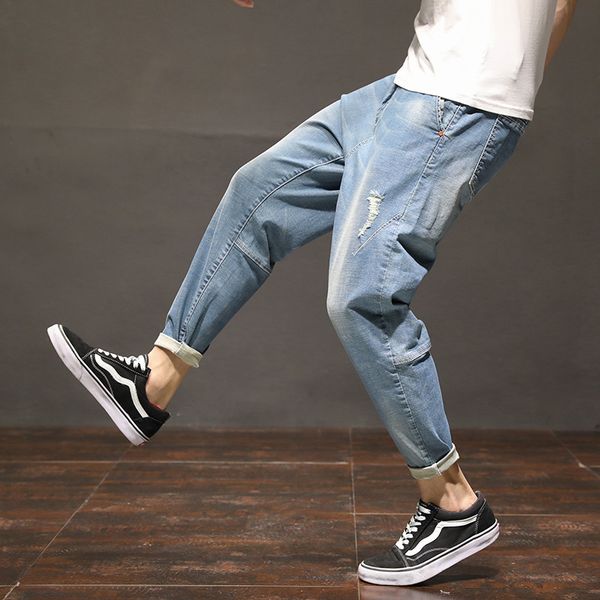 

big yards men's summer new japanese hole loose jeans stretch the plus-size fertilizer washed denim trousers, Blue