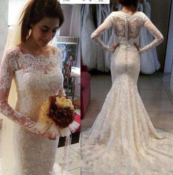 

full lace wedding dresses with illusion long sleeves chapel train country style beaded applique plus size bridal gowns, White