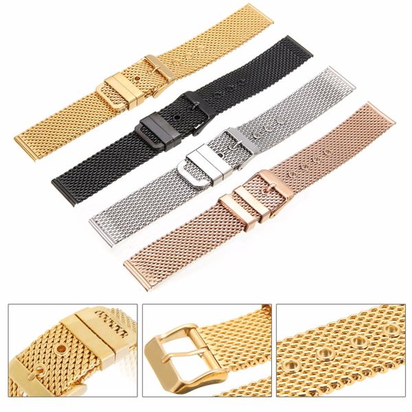 

stainless steel watch strap 18mm/20mm/22mm/24mm straight end pin buckle mesh watch band black rose gold replacement watchbands, Black;brown