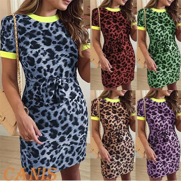 

new women's fluorescent yellow stitching leopard print adjusted sashes bodycon short sleeve party clubwear mini pencil dress, Black;gray