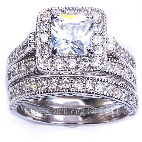 

size5/6/7/8/9/10 retro vintage princess cut jewelry 10kt white gold filled gf whitr z women wedding bridal ring set gift, Silver
