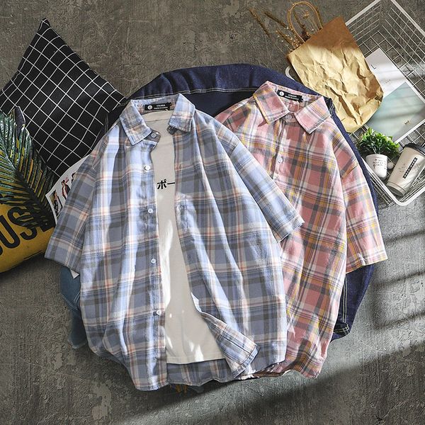 

retro tartan summer loose men shirt casual short sleeve button collar shirts camisas para hombre men clothes large size mm60ncs, White;black