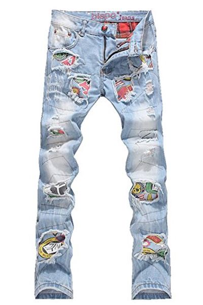 

denim men's patchwork hole ripped jeans, Blue