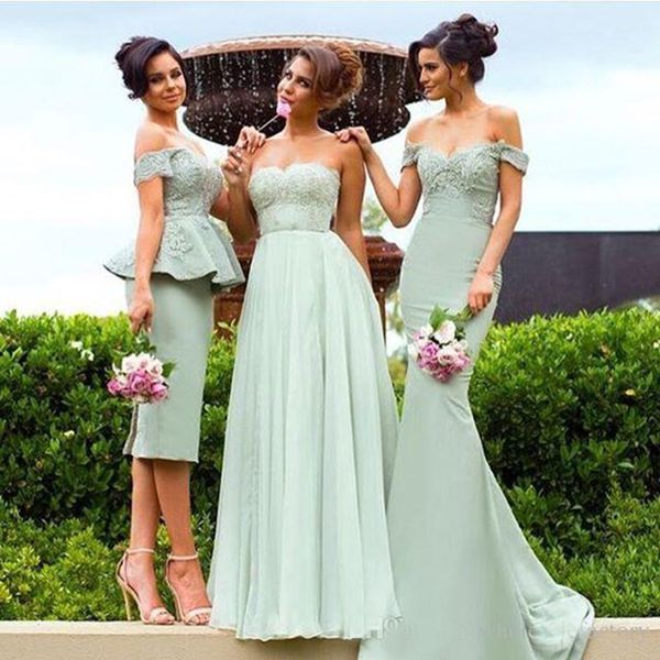 

Mixed Styles Mermaid Off Shoulder Bridesmaid Dresses Country Garden Wedding Guest Party Gowns Mint Green Lace Appliques Chiffon Evening Gown