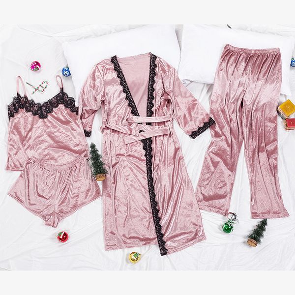 

victoria's key casual velvet sleepwear ladies 4 piece robe & gown sets women pink lace cami and pants pajama shorts set homewear, Black;red