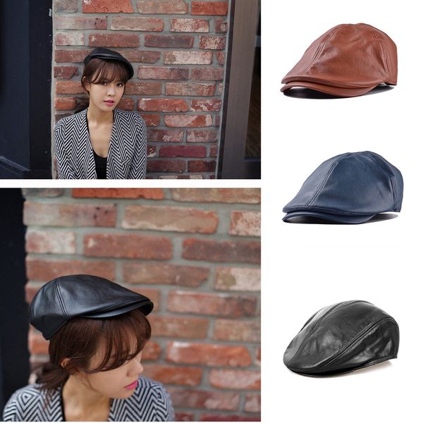 

artificial leather beret cap women peaked cap adjustable flat beret summer hats sunbonnet retro british elasticity, Blue;gray