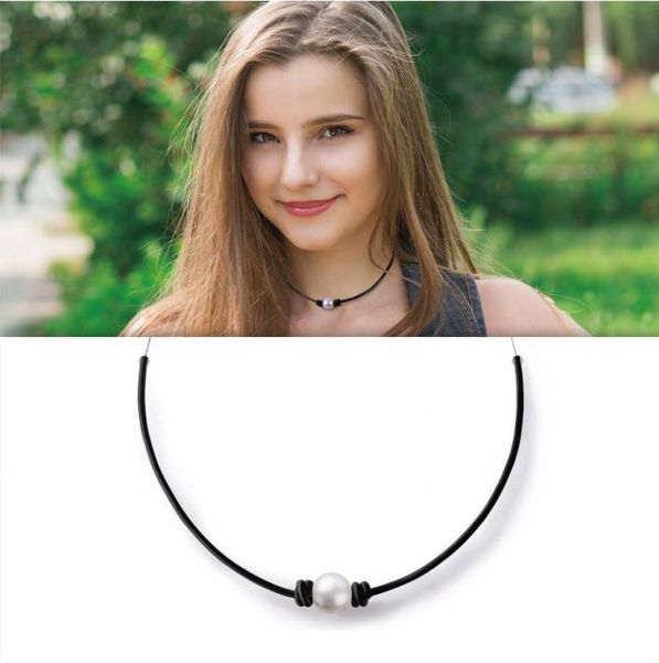 

fashion pearl necklace for women and men handmade black leather cord choker necklace street punk jewelry, Golden;silver