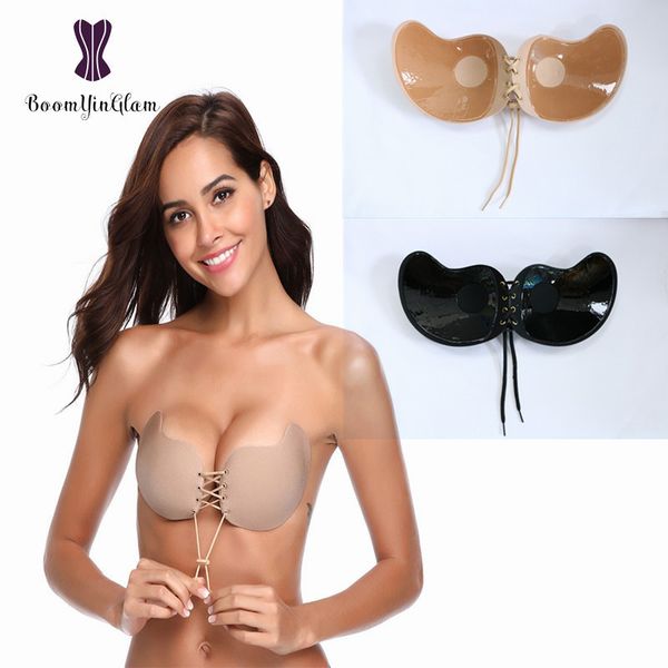 

black/nude color push up strapless silicone bralette invisible adhesive bras seamless shape bra 9003#, Red;black